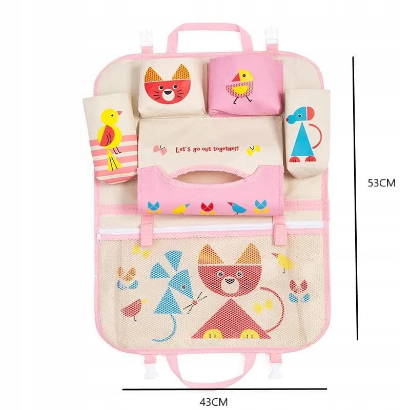 Automobilio sėdynės organizatorius, planšetė, puodelis, servetėlės, pienas, vaikai