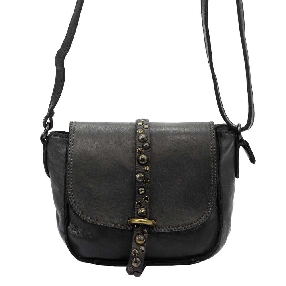 Moteriška natūralios odos juoda crossbody rankinė su dekoratyvia rankena VS 002