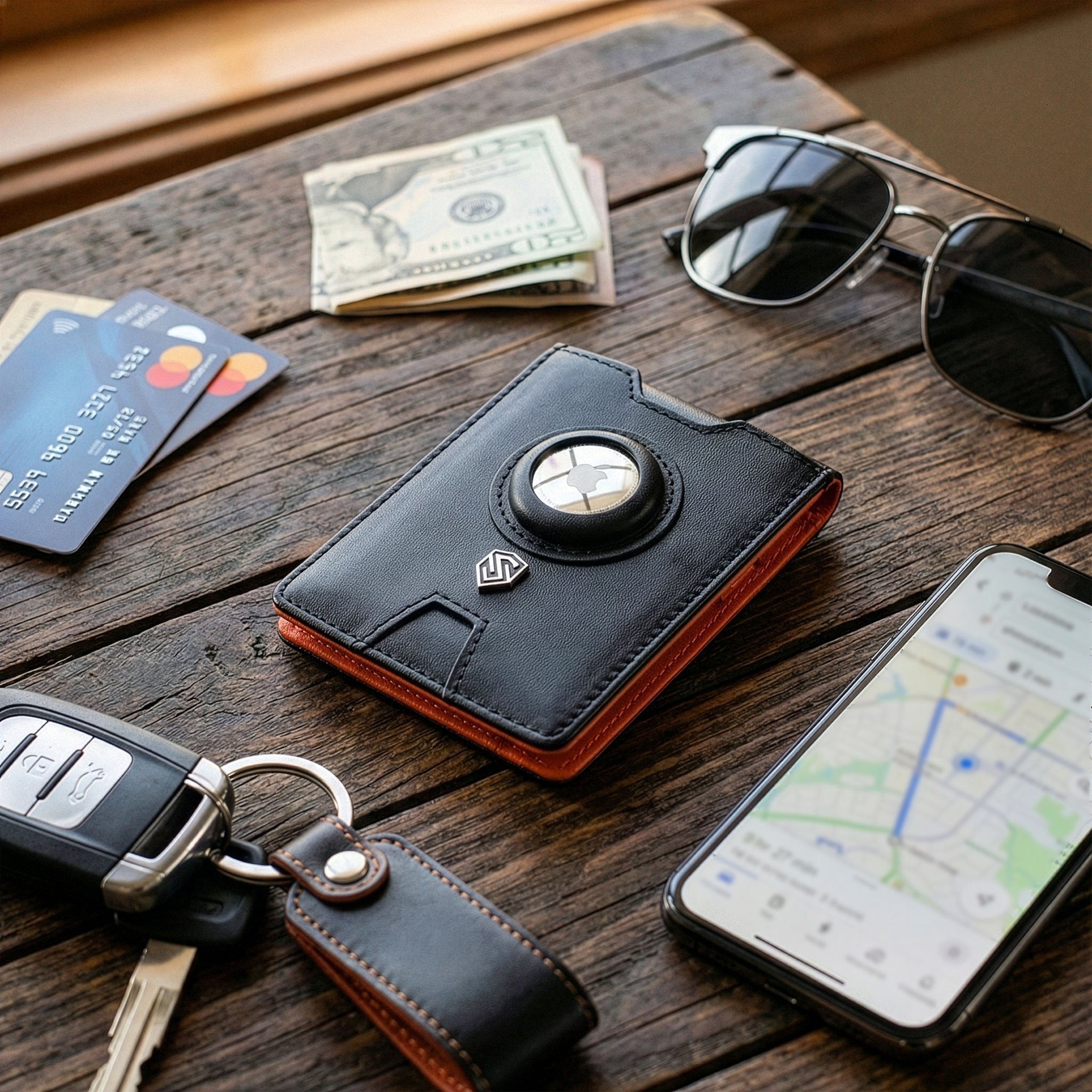 Vyriška odinė piniginė Stevens Airtag BLK/ORA S185