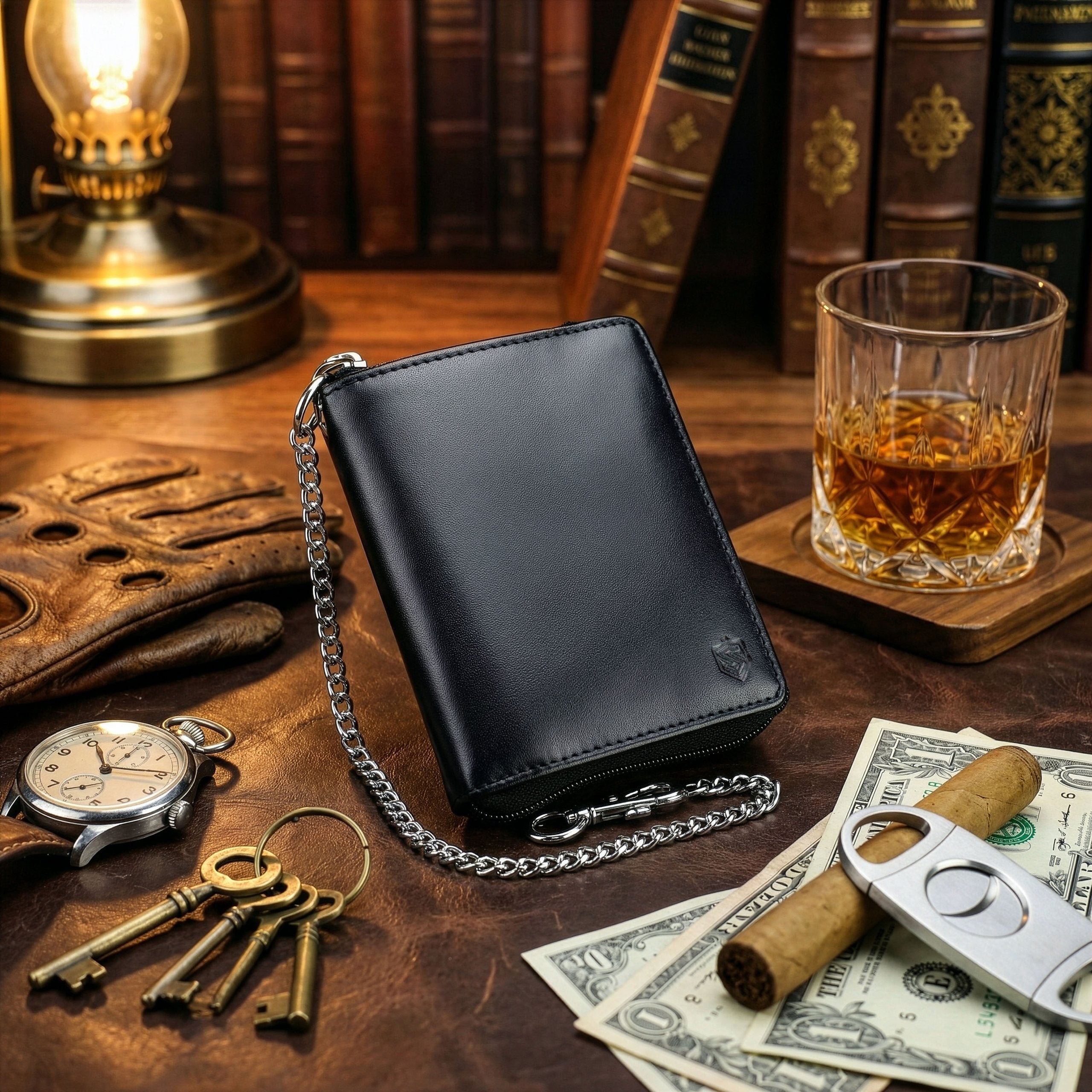 Vyriška odinė piniginė su užtrauktuku ir grandinėle Stevens S160