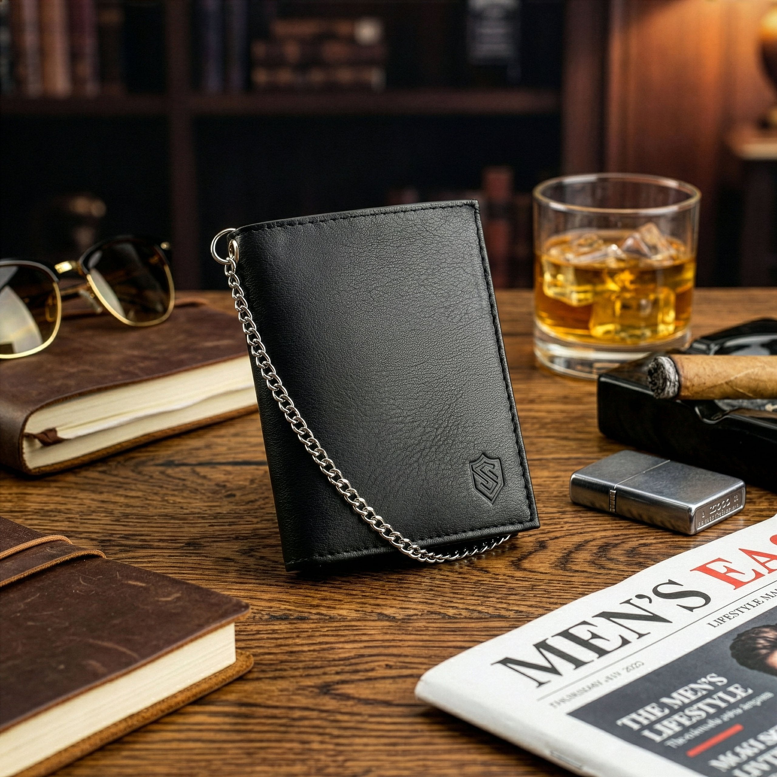 Vyriška odinė piniginė STEVENS metaline grandine S198