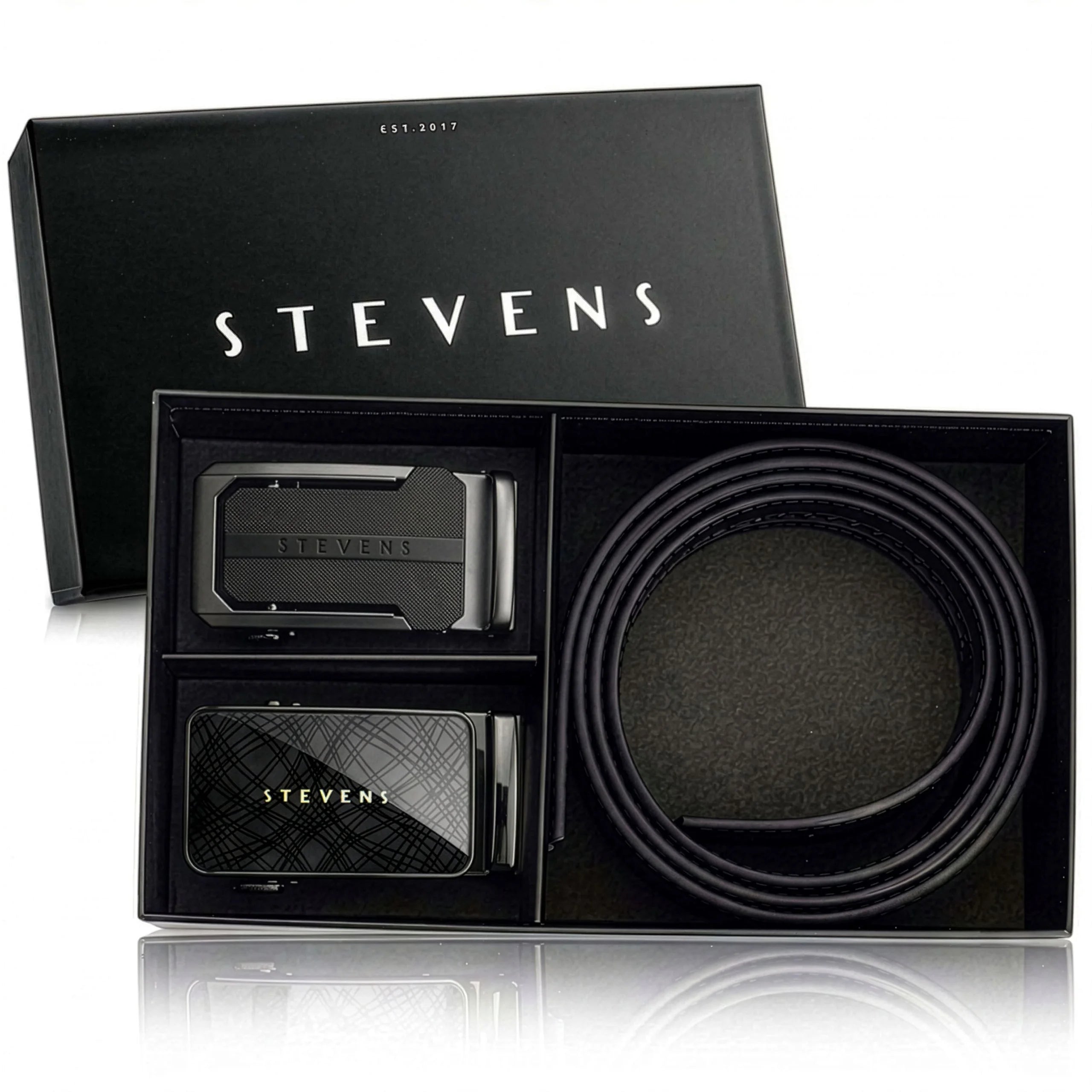 Vyriškas odinis automatinis diržas STEVENS, juodas, 2 viename rinkinys D39737
