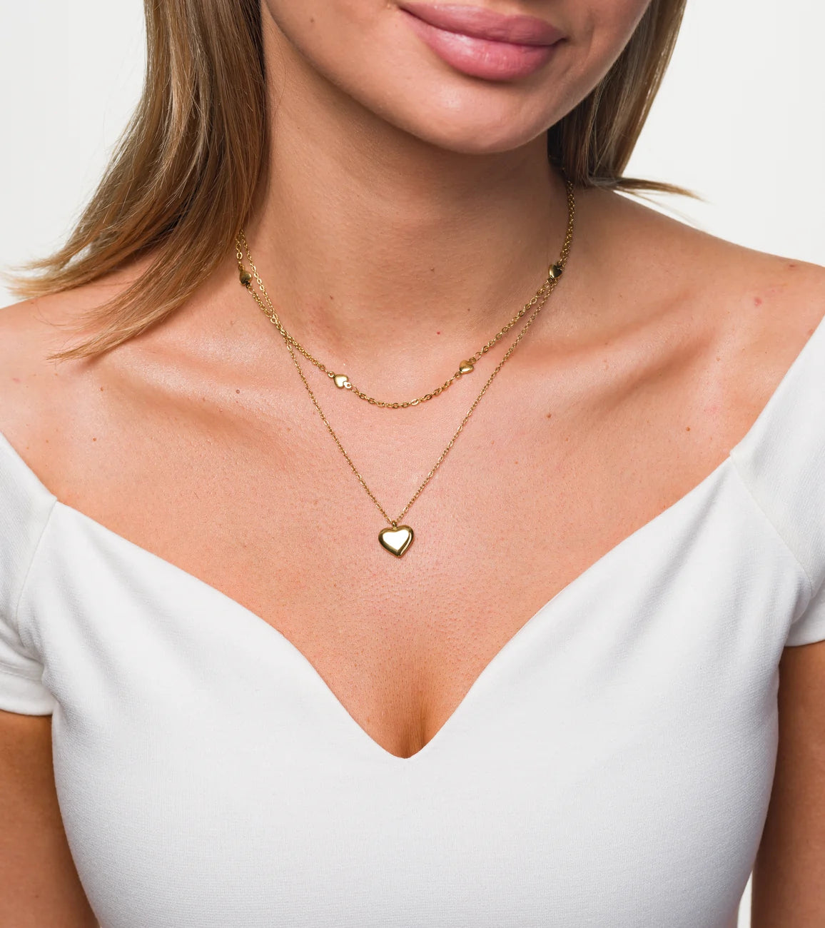Elegantiška dviguba auksinė grandinėlė su širdelėmis, chirurginis plienas