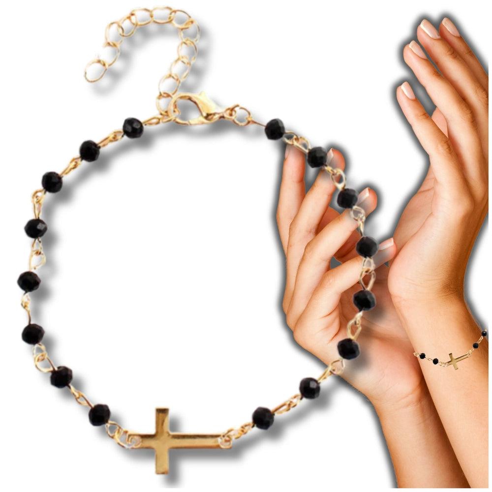 Auksuota apyrankė su juodais karoliukais ir kryžiumi, chirurginis plienas