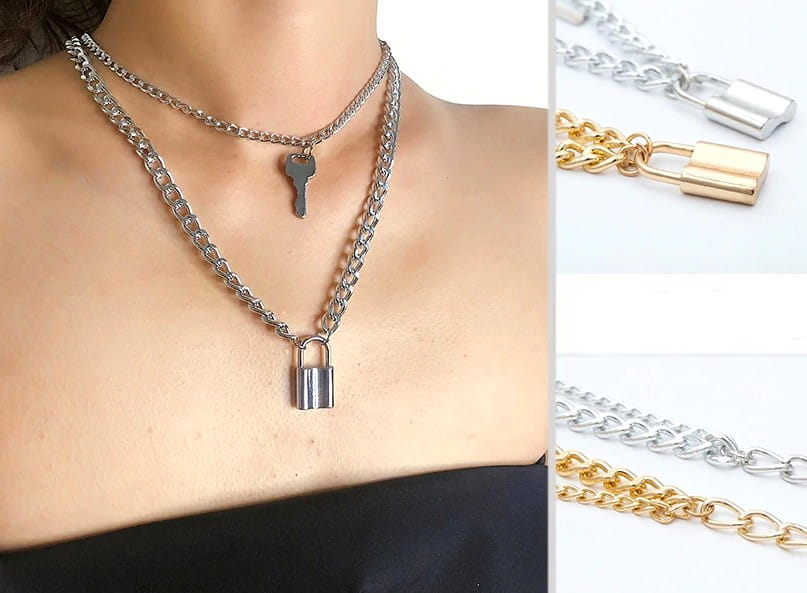 Ilgas grandinėlės vėrinys su spyna ir raktu (auks./sidabr.)