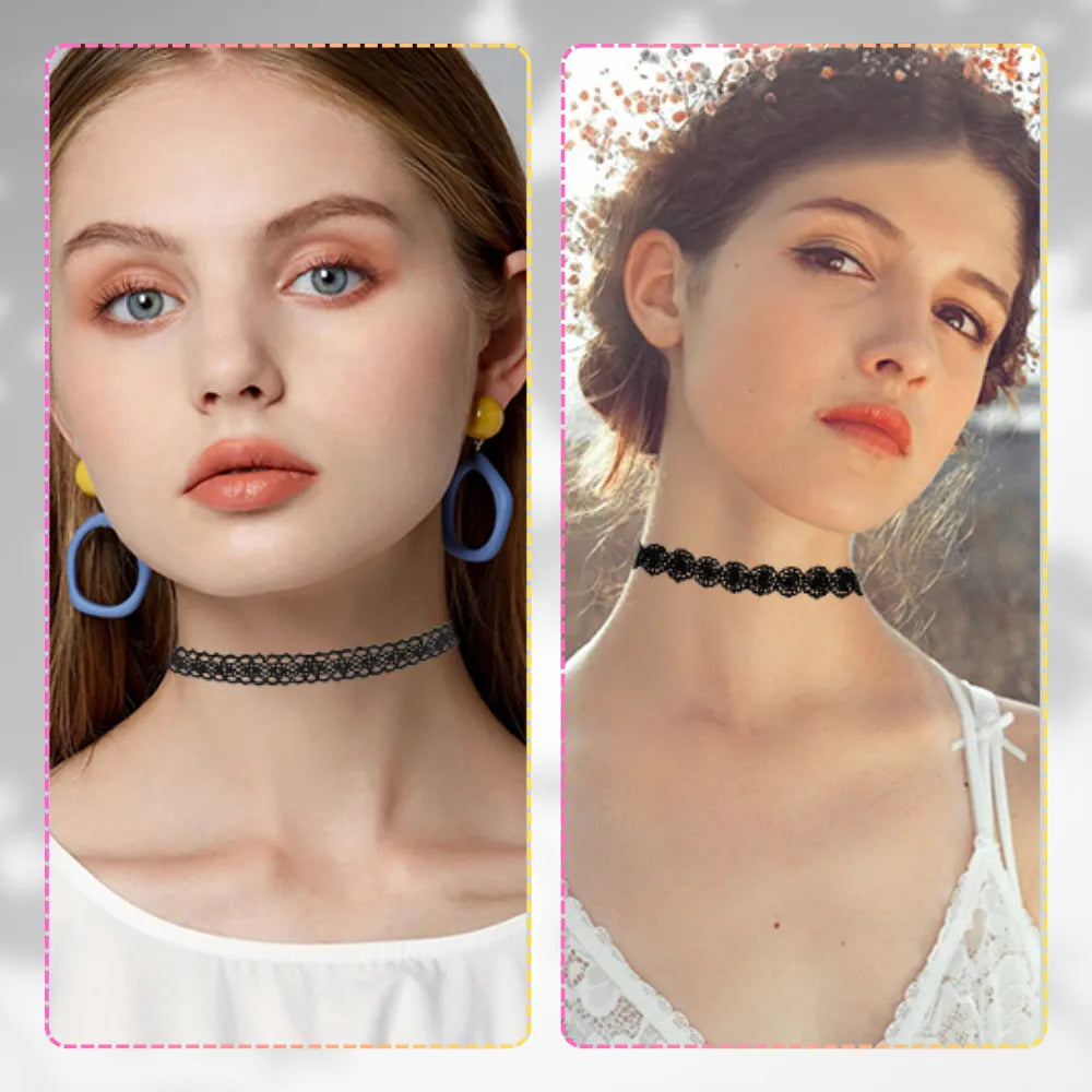 Juodas nėriniuotų chokerių rinkinys (12 vnt.)