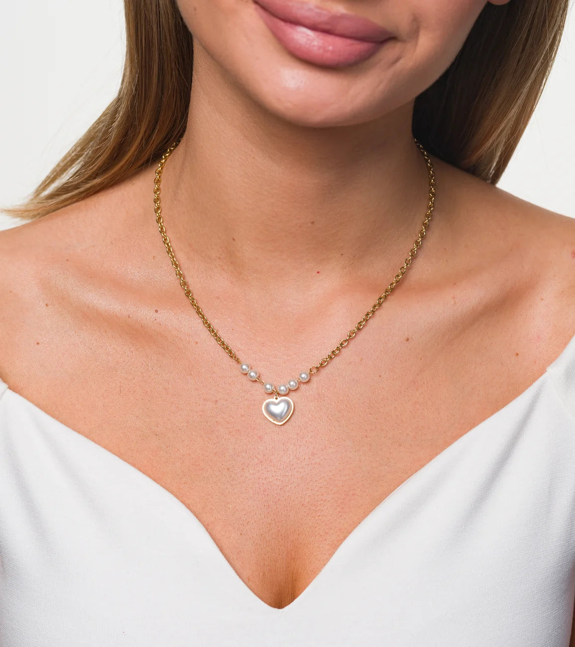 Auksinis vėrinys su širdies ir perlų pakabuku, chirurginis plienas