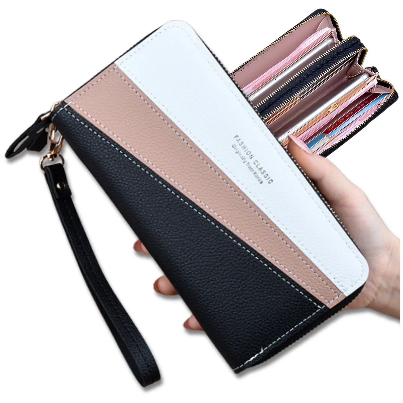 Moteriška piniginė, juoda, eko oda, dvigubas užtrauktukas N510