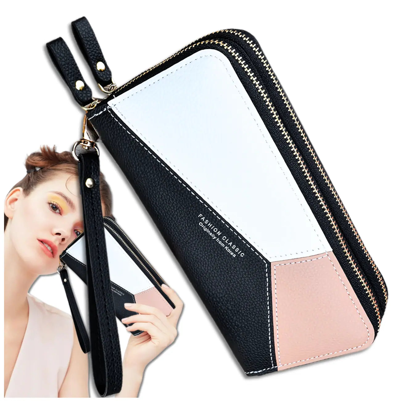 Moteriška piniginė juoda eko oda dvigubas užtrauktukas N509