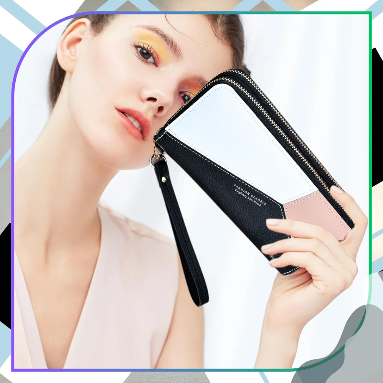 Moteriška piniginė juoda eko oda dvigubas užtrauktukas N509