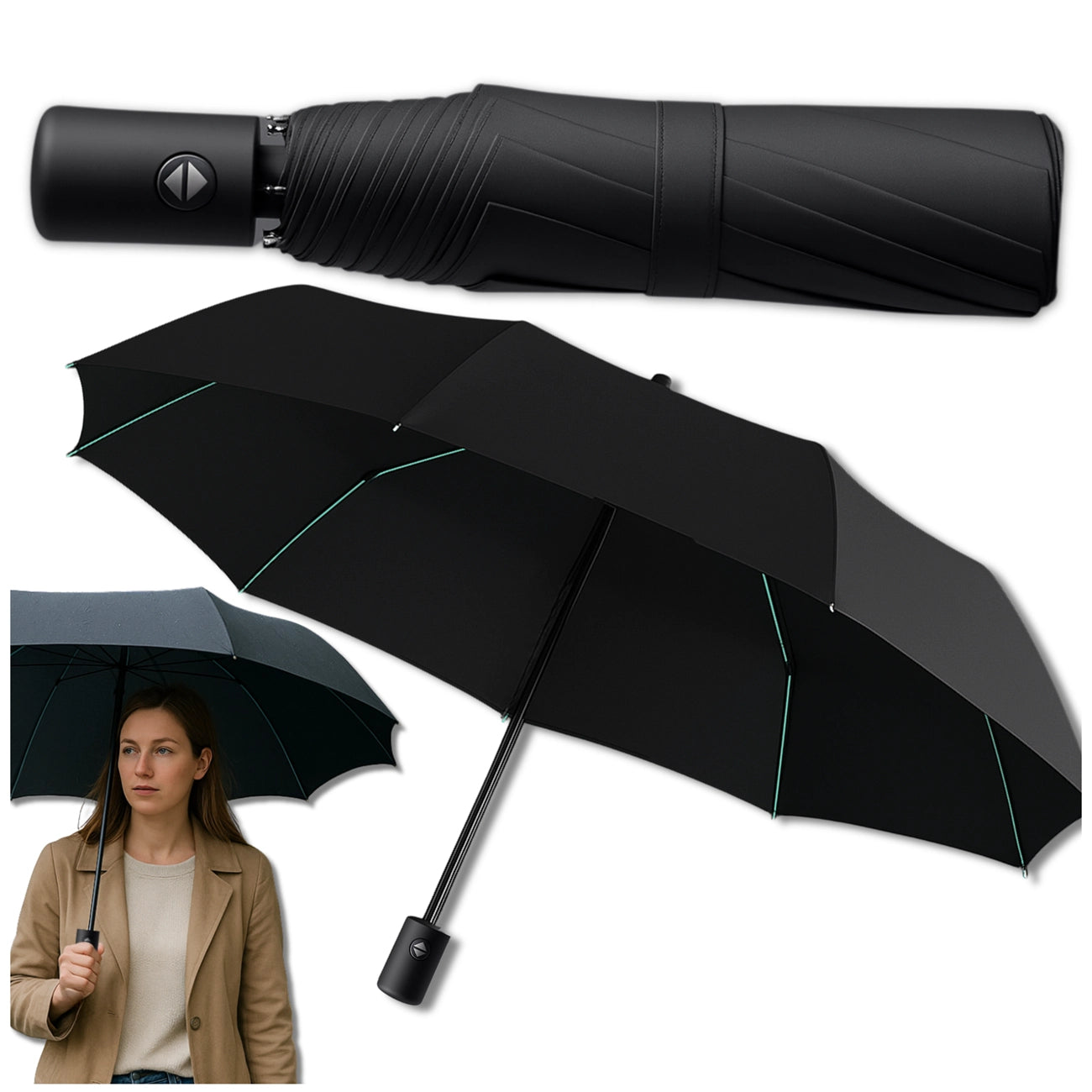 Sulankstomas juodas automatinis skėtis ANTI-UV V1