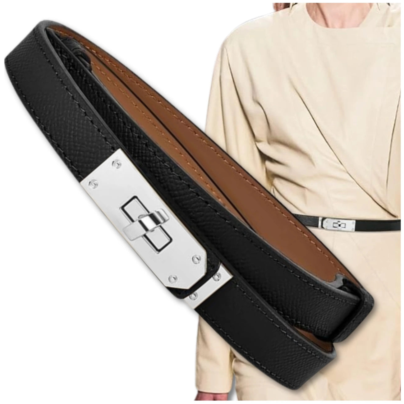 Moteriškas siauras odinis diržas su sidabrine sagtimi