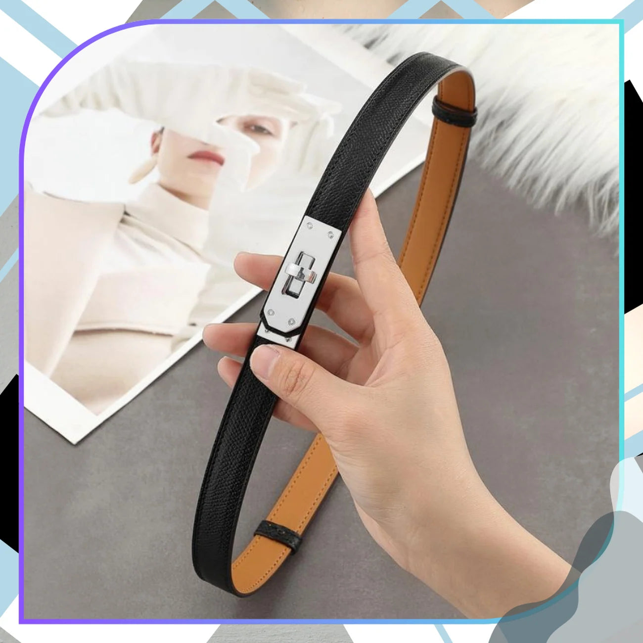 Moteriškas siauras odinis diržas su sidabrine sagtimi