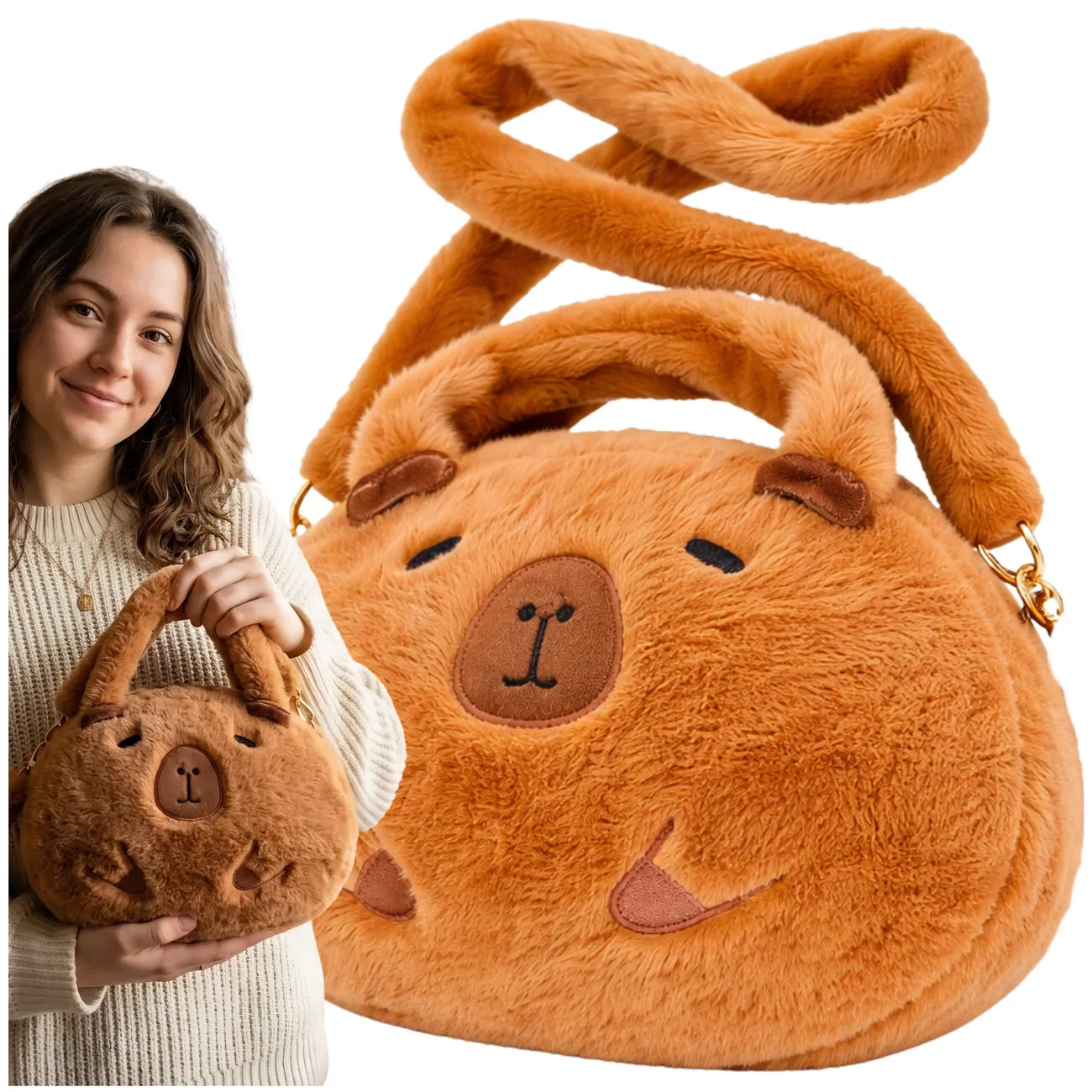 Pliušinė kapibaros rankinė per petį, ruda