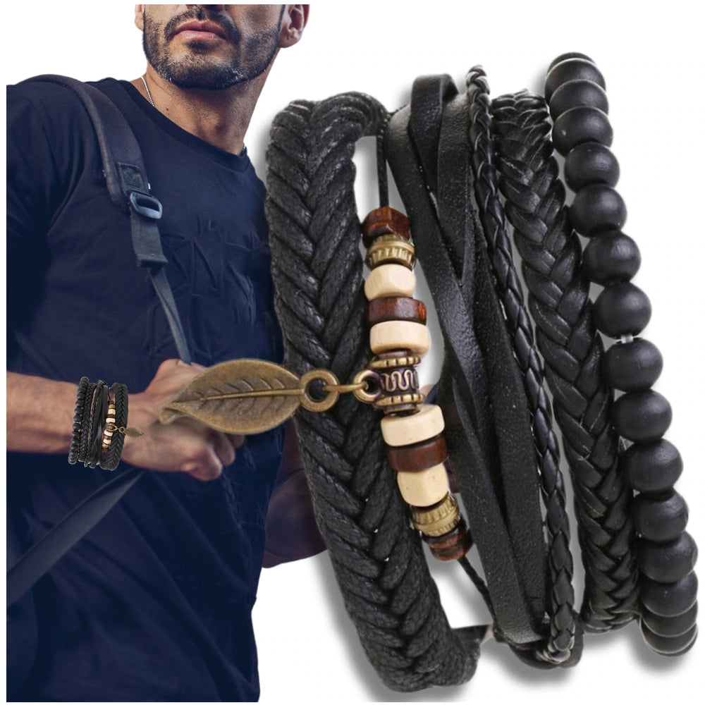 Vyriškų odinių apyrankių rinkinys su karoliukais