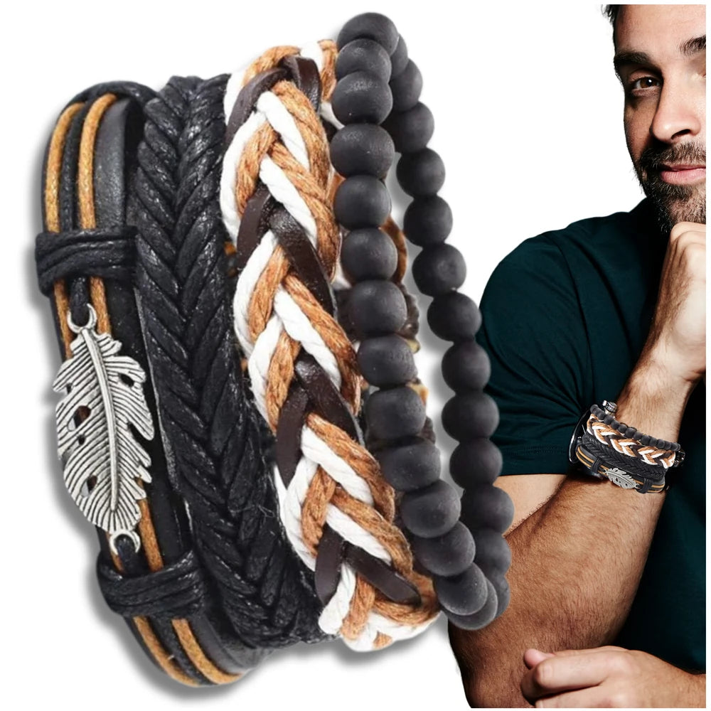 Vyrų apyrankių rinkinys su karoliukais ir pakabuku