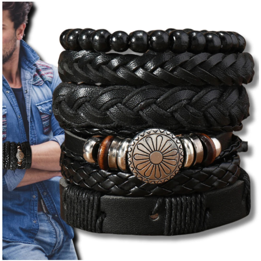 Vyriškų odinių apyrankių rinkinys su karoliukais (mix)