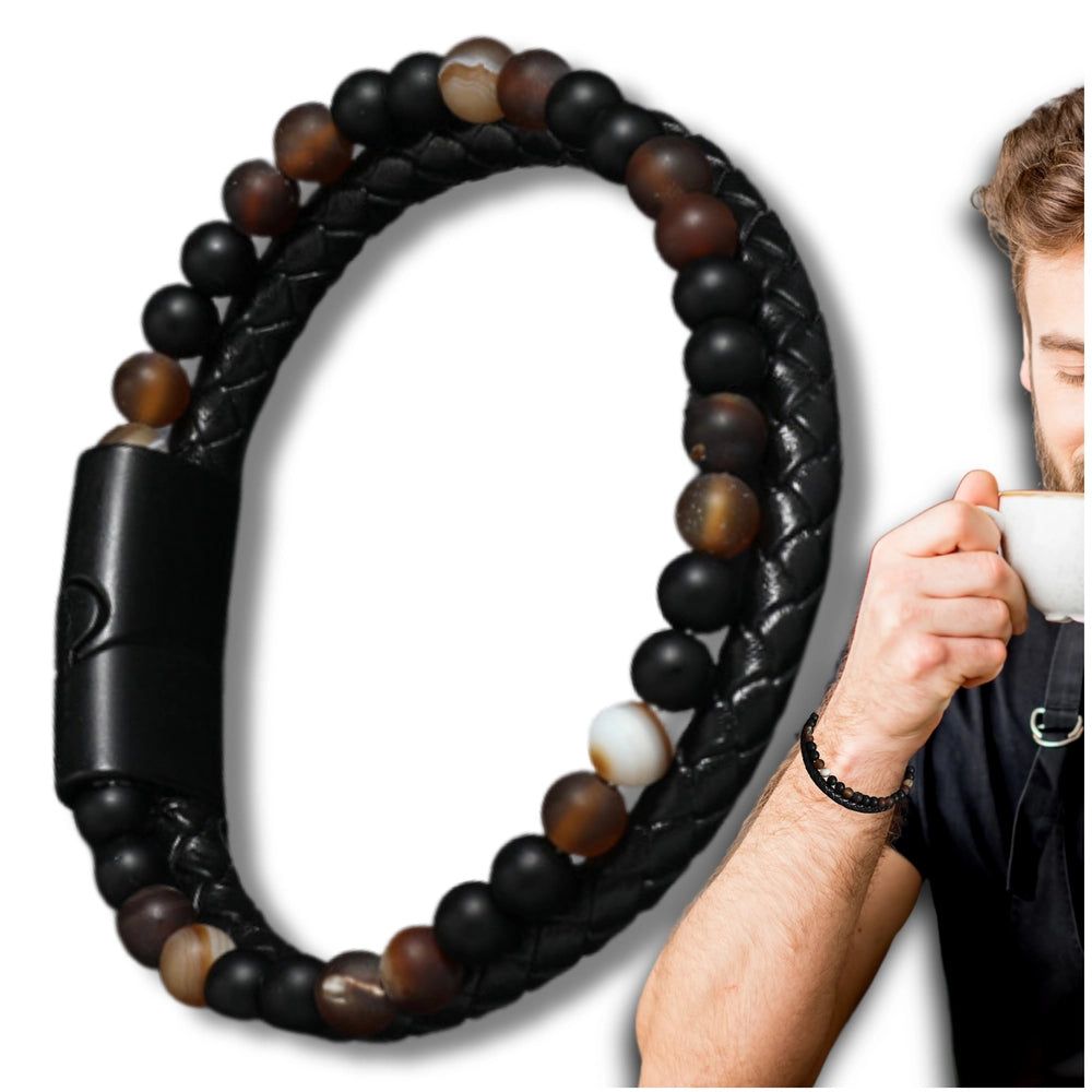 Vyriška odinė apyrankė su natūraliais akmenimis, magnetinis užsegimas