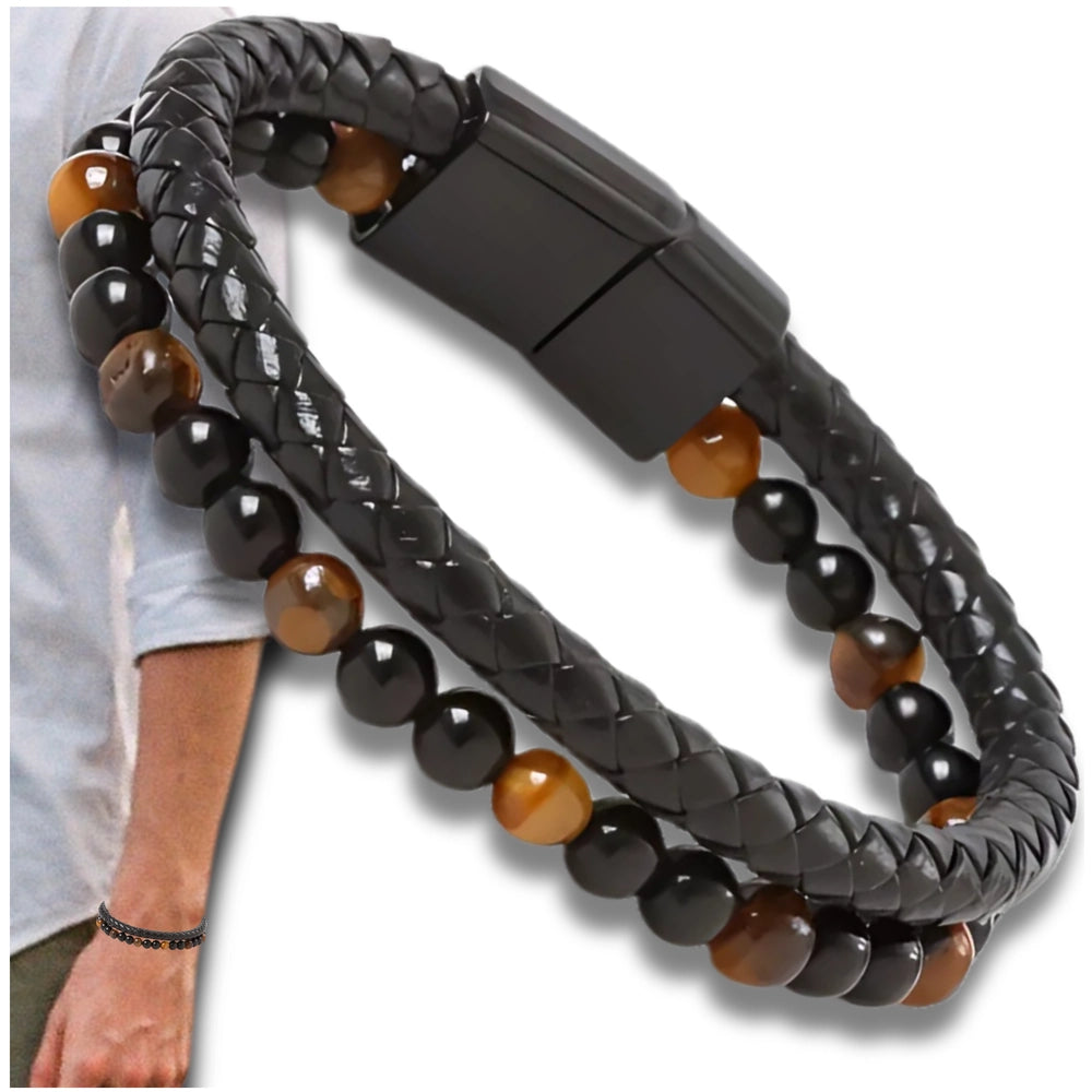 Vyriška odinė apyrankė su natūraliais akmenimis (juoda/ruda), magnetas