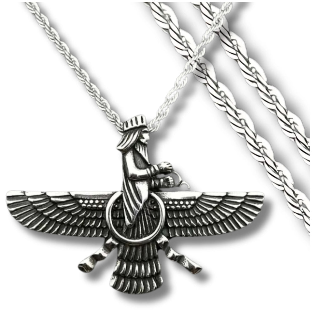 Vyriškas persiškas vėrinys su sparnuotu simboliu, plienas