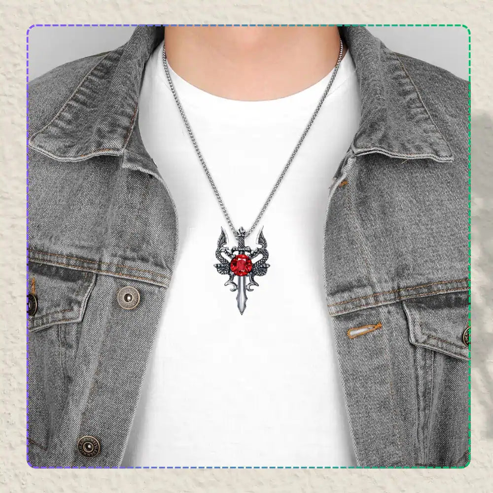 Vyriškas sidabrinės spalvos vėrinys su drakono kardu