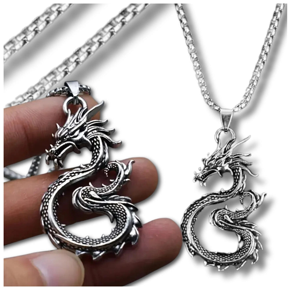 Vyriškas sidabrinės spalvos drakono pakabukas (60 cm)