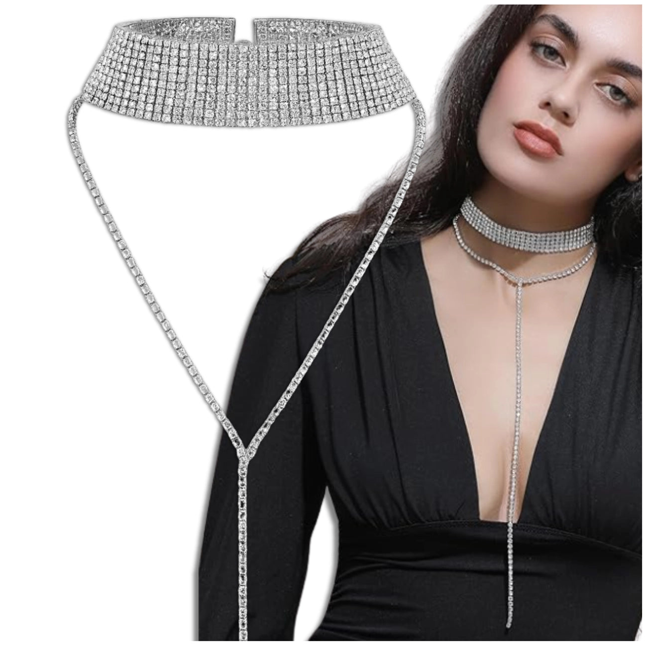 Ilgas sidabrinės spalvos chokeris su cirkoniais (10 eilių)