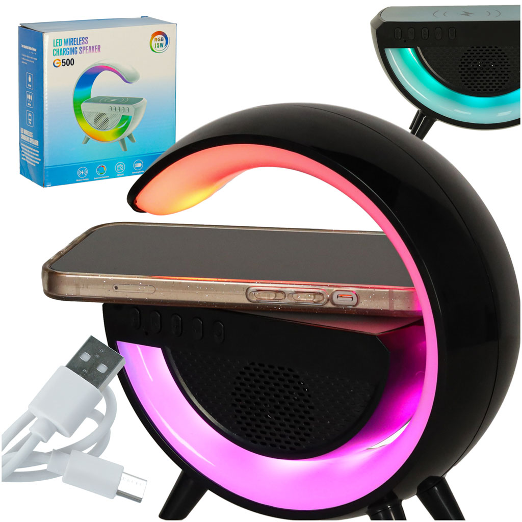 LED žaidimų lempa RGB su garsiakalbiu ir belaidžiu įkrovikliu, juoda