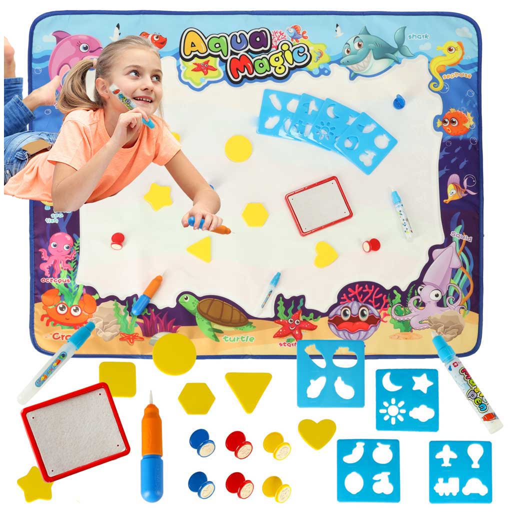 Vandens piešimo kilimėlis XXL su antspaudais ir trafaretais, 100 x 80 cm