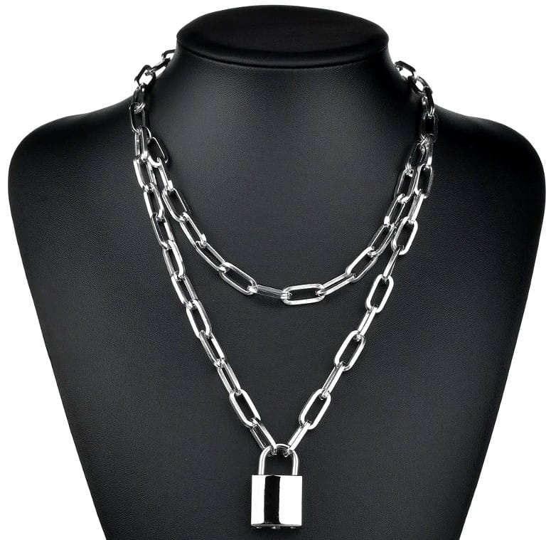 Ilgas sidabrinės spalvos vėrinys su spyna ir raktu