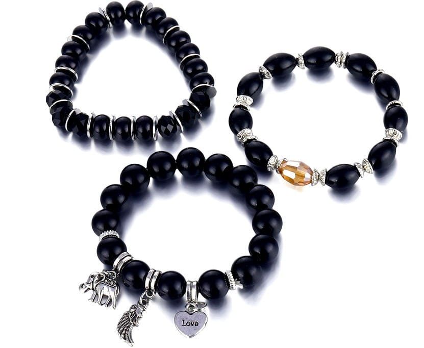 Apyrankių rinkinys su perlais ir pakabukais: sparnas, meilė, dramblys