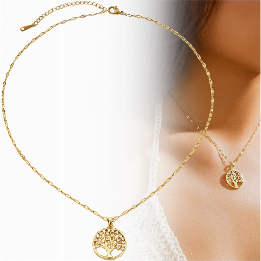 Elegantiškas auksinis kaklo papuošalas su medžio pakabuku