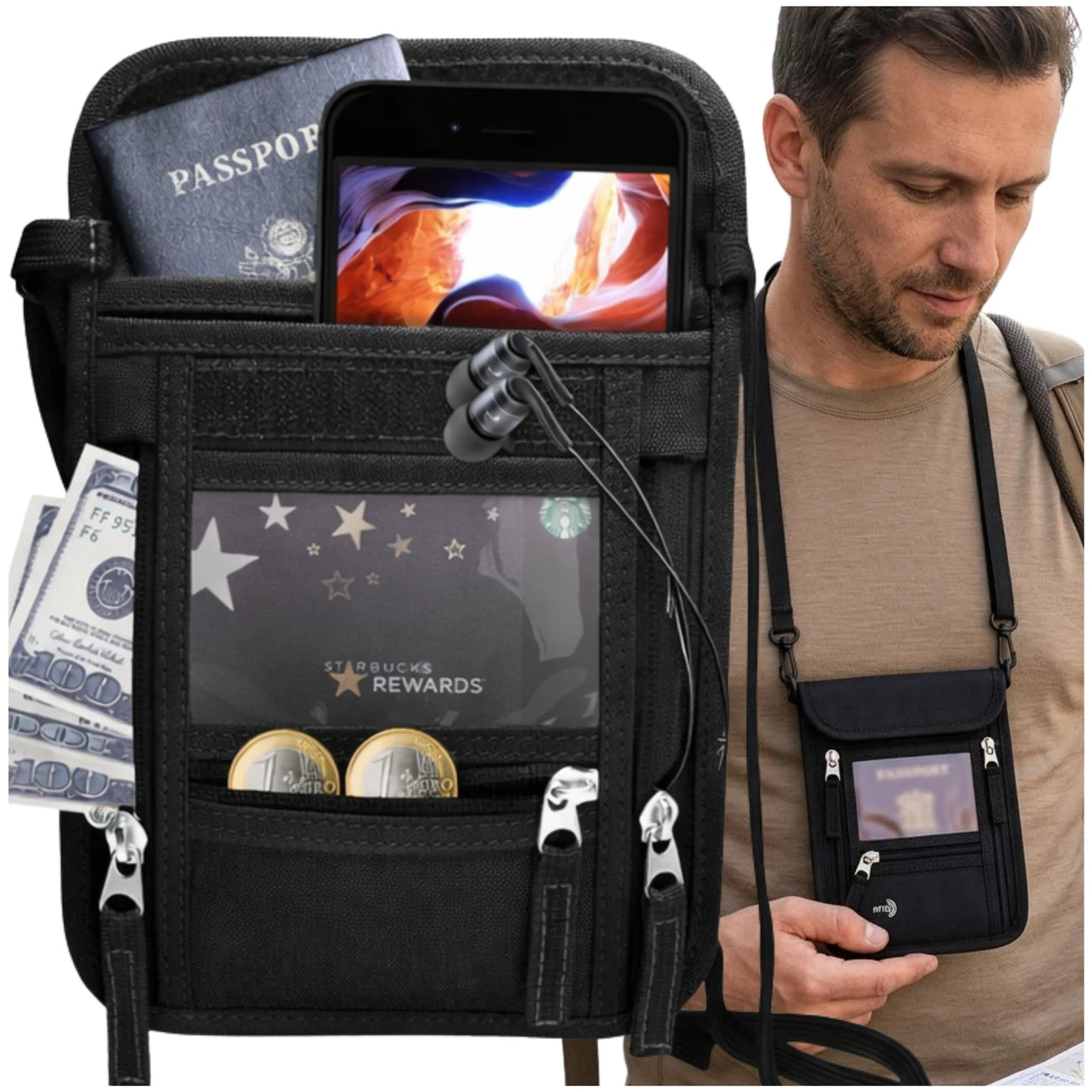 RFID paso dėklas-krūtinės krepšys, juodas