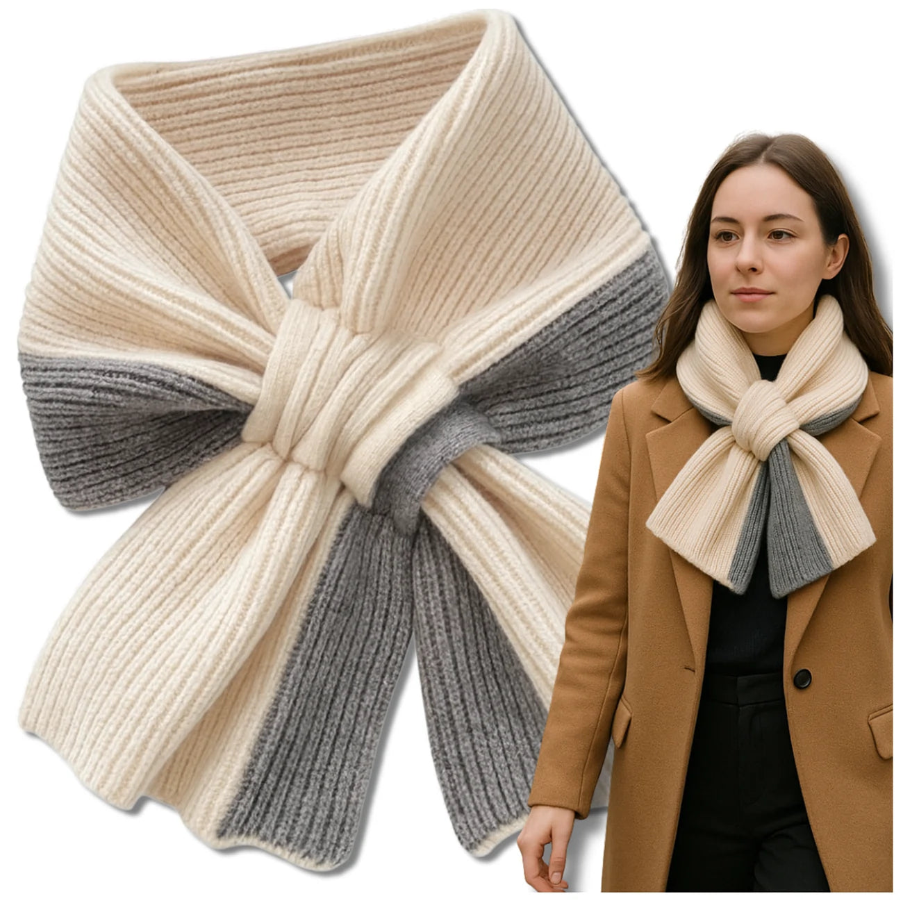 Moteriškas šiltas šalikas, dviejų spalvų, smėlio