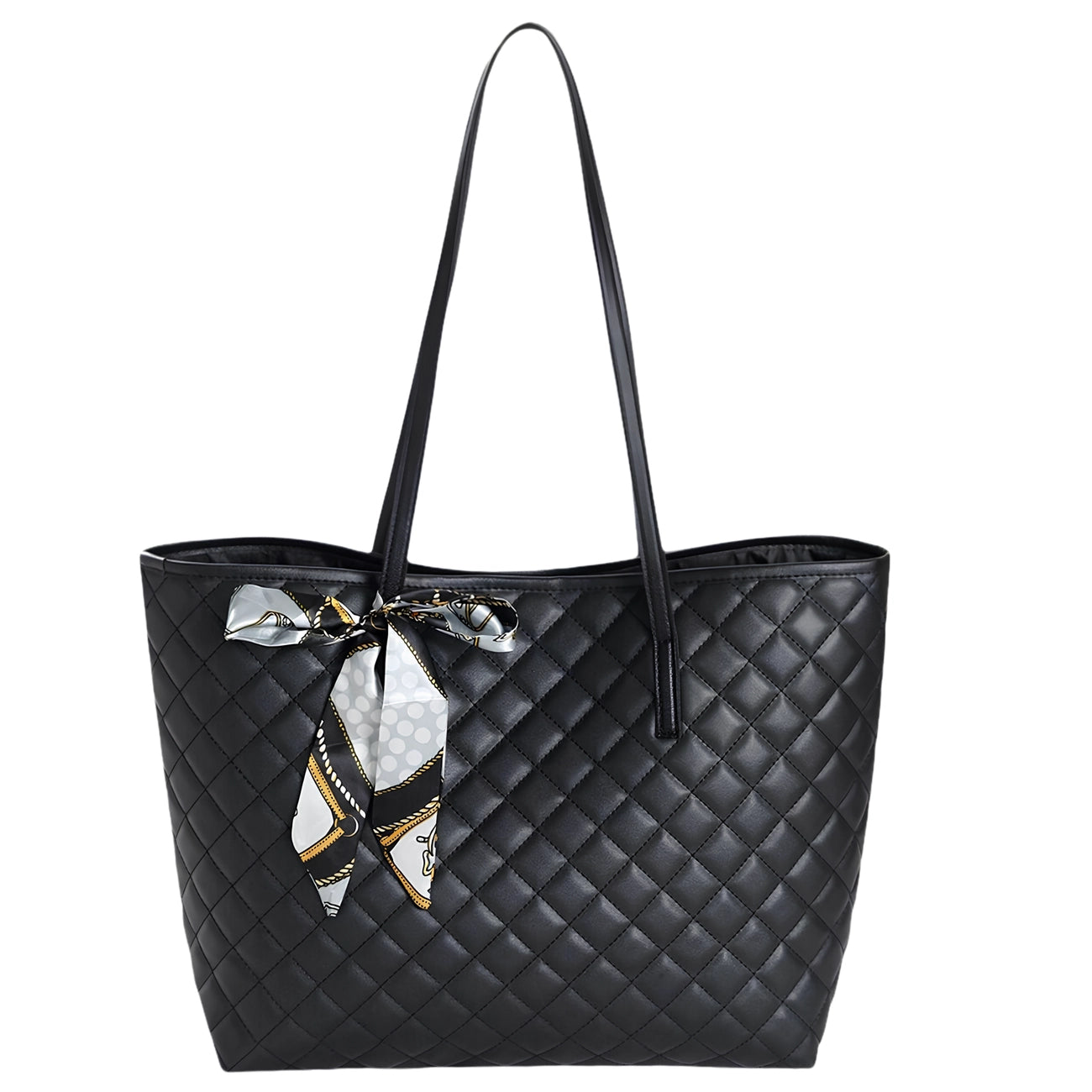 Didelė juoda dygsniuota shopper rankinė per petį