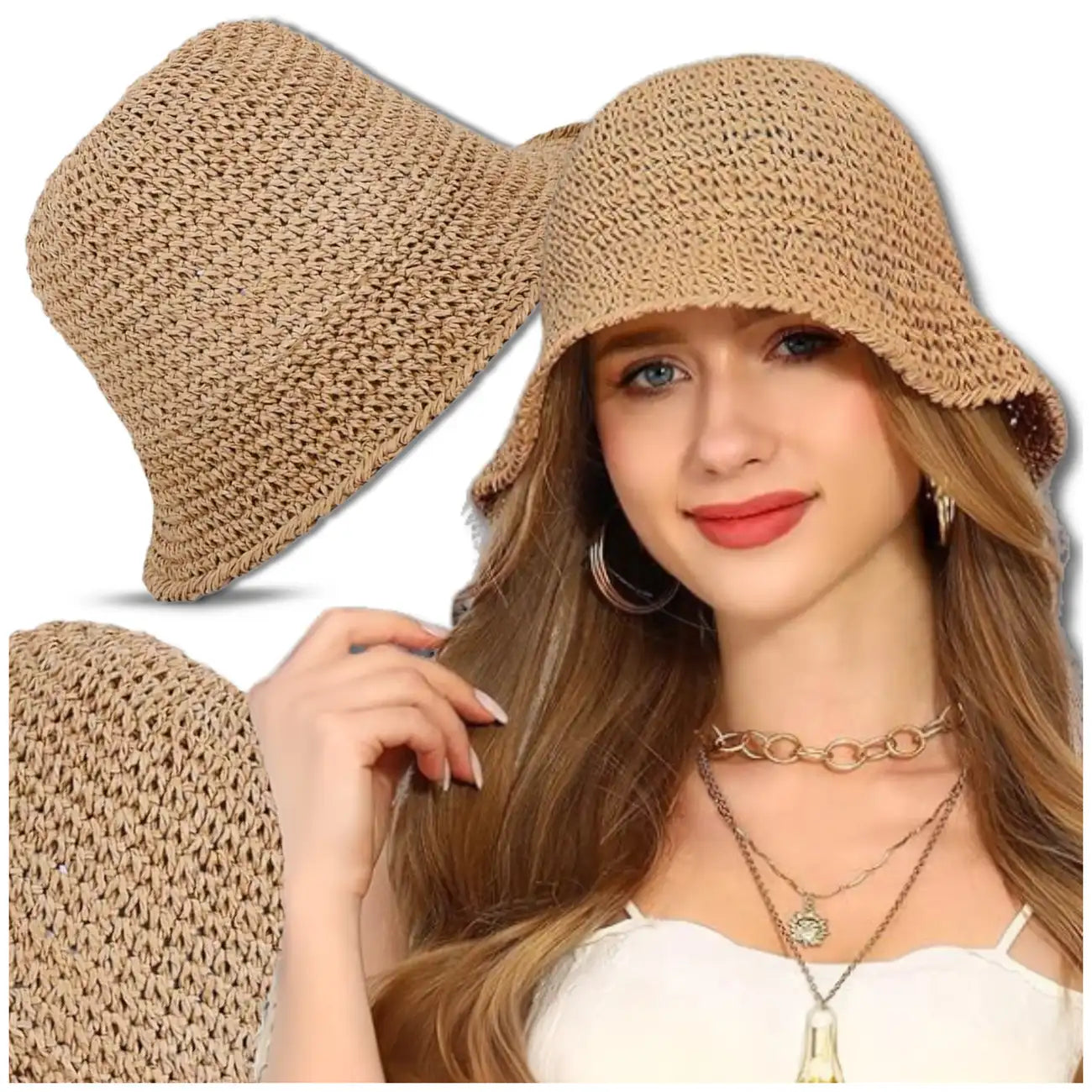 Moteriška bucket tipo skrybėlė, tamsios šiaudų spalvos