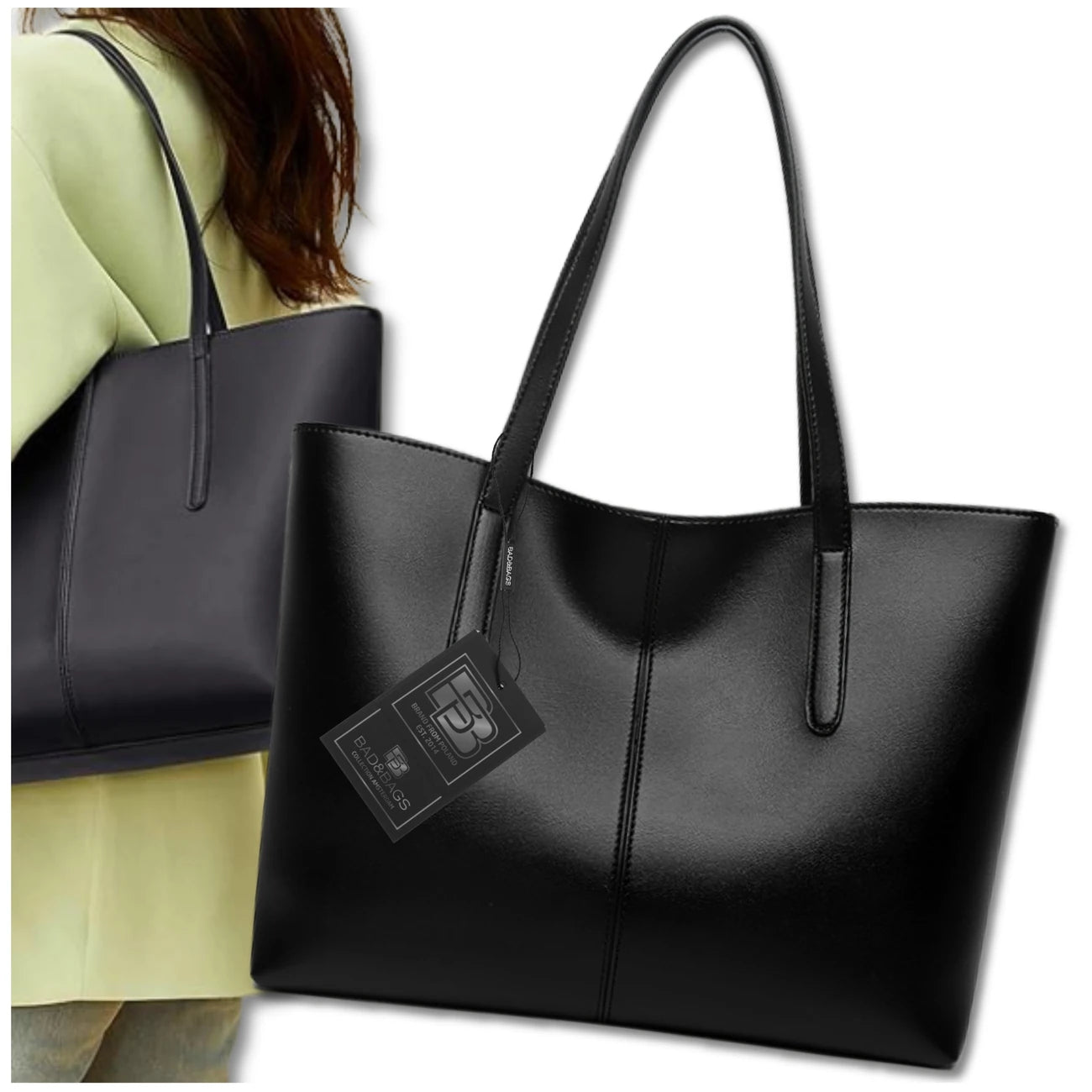 Moteriška odinė rankinė, juoda, shopper tipo