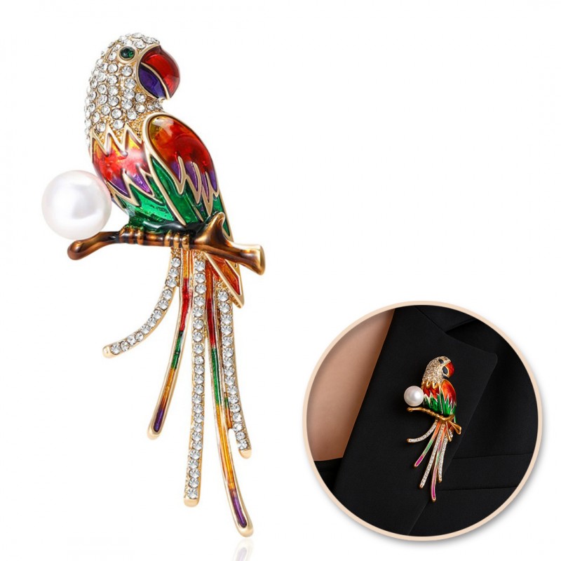 Dekoratyvinė sagė „Papūga“ su cirkoniais ir perlu (BZ221)