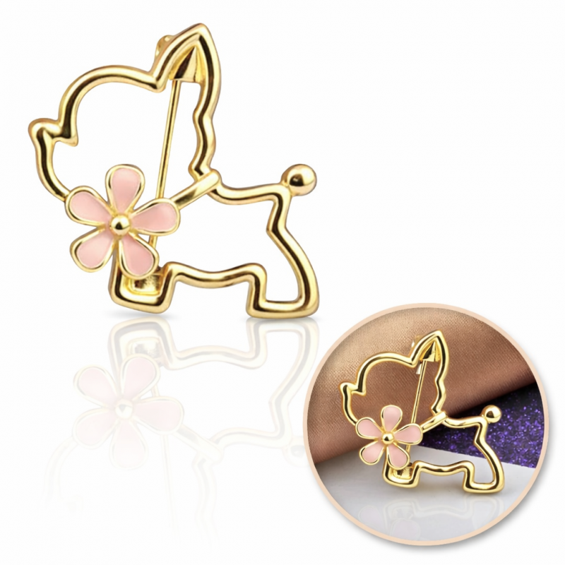 Dekoratyvinė emaliuota sagė „Šuo su gėle“ (BZ210)