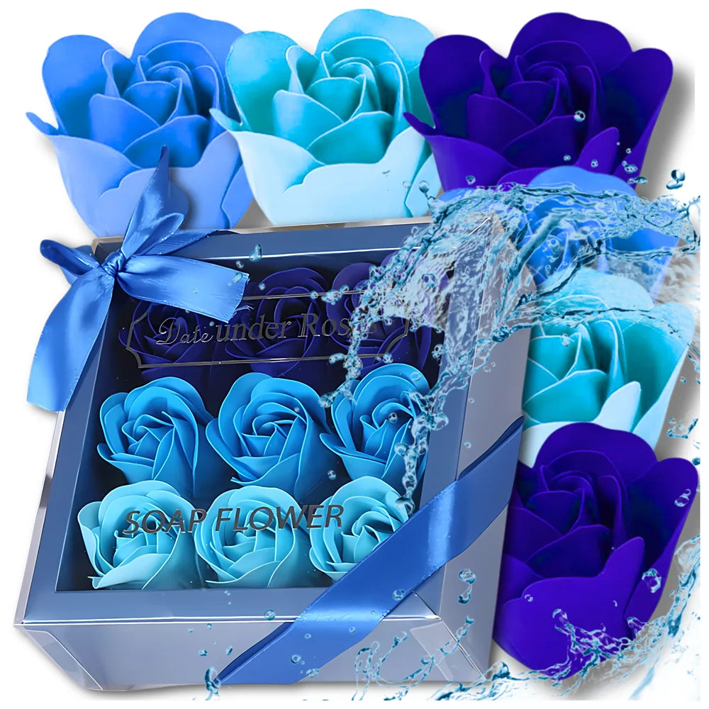 Dekoratyvinės mėlynos muilo rožės, 9 vnt. dovanų rinkinys