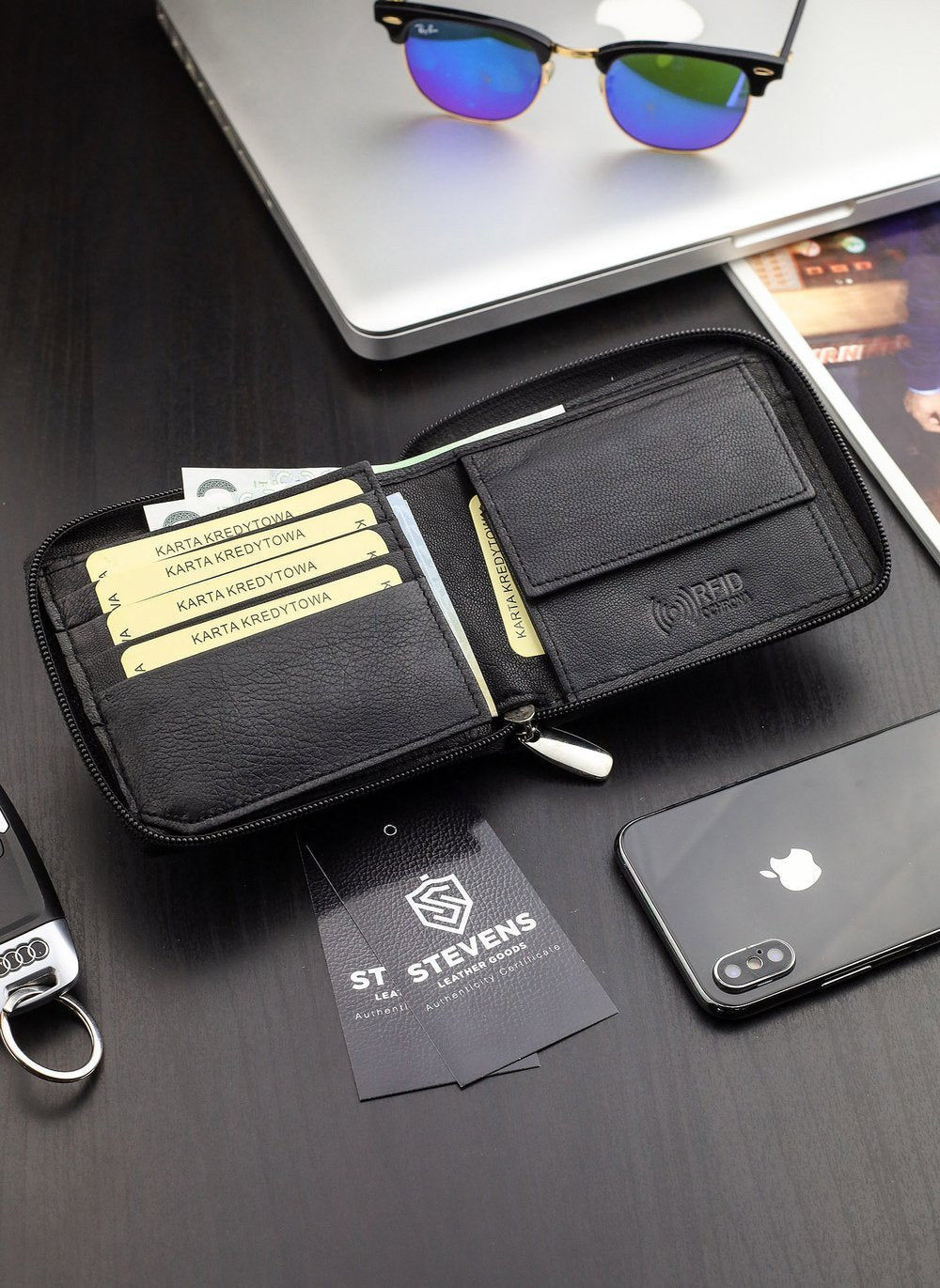 Didelė vyriška juodos odos piniginė STEVENS su RFID apsauga bei TAP & GO užtrauktuku S1131