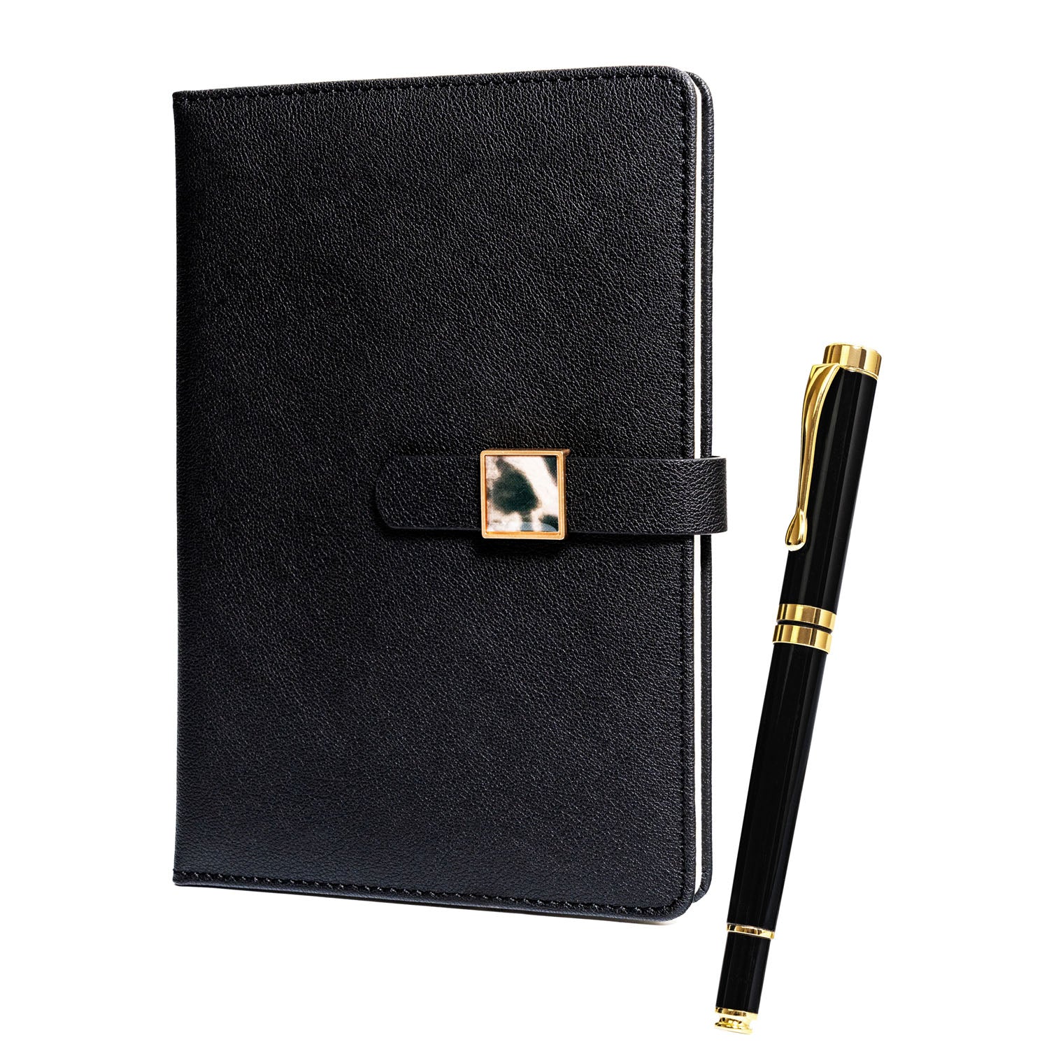 Dovanų rinkinys: juoda linijinė užrašų knygelė su magnetiniu užsegimu ir juodas rašiklis