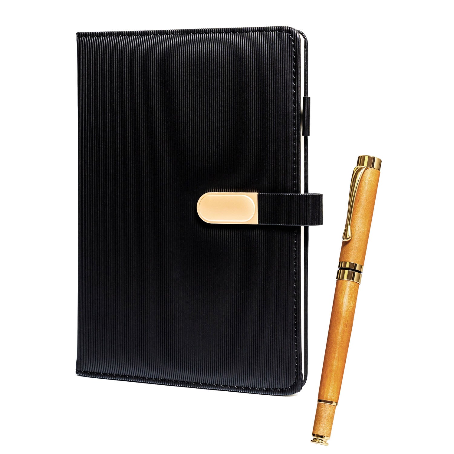 Dovanų rinkinys: juodas elegantiškas A5 sąsiuvinis ir rašiklis su juodu šerdimi