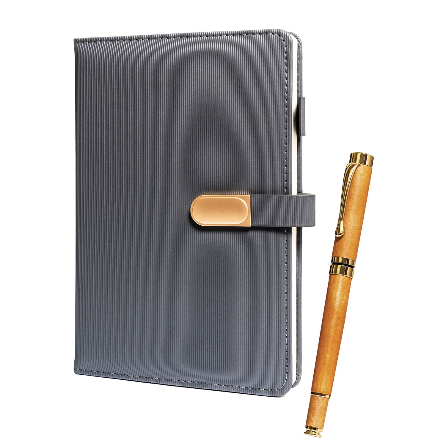 Dovanų rinkinys: pilkas A5 užrašų knygelė ir rašiklis su juodu rašalu