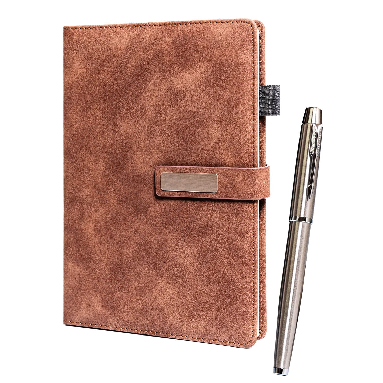 Dovanų rinkinys: rudas A5 linijinis sąsiuvinis ir juodas rašiklis