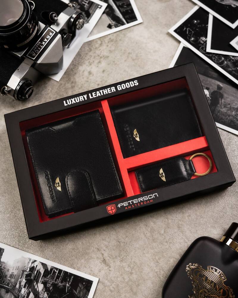 Dovanų rinkinys: vyriška odinė piniginė, dėklas ir raktų pakabukas - Peterson P20