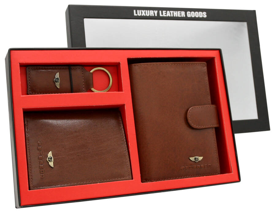 Dovanų rinkinys: vyriška odinė piniginė, dėklas ir raktų pakabukas - Peterson P21
