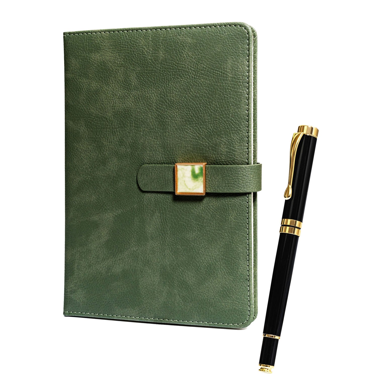 Dovanų rinkinys: žalia užrašų knygelė su magnetiniu užsegimu ir juodas rašiklis
