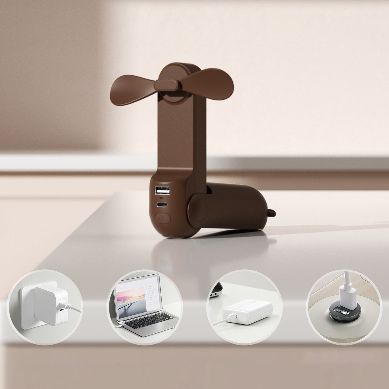 Jisulife nešiojamas ventiliatorius su baterija ir žibintuvėliu - rudas