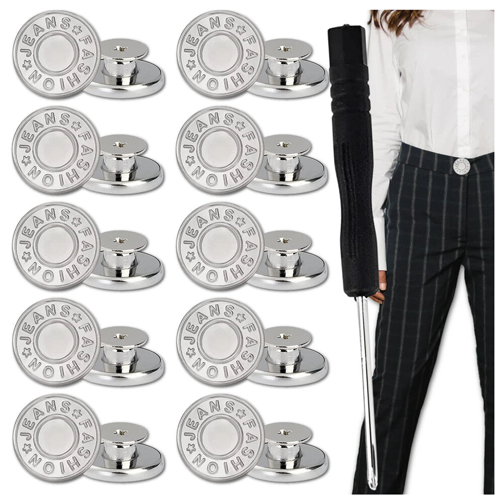 Metalinių sagų rinkinys kelnėms su atsuktuvu, 10 vnt., sidabriniai, metaliniai